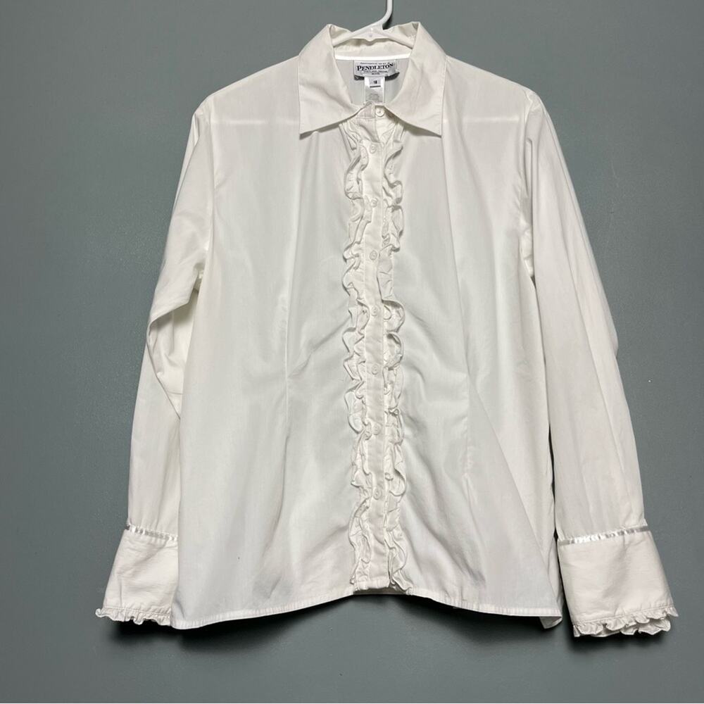 Pendleton Petites Button Down Ruffle White Long S… - image 1
